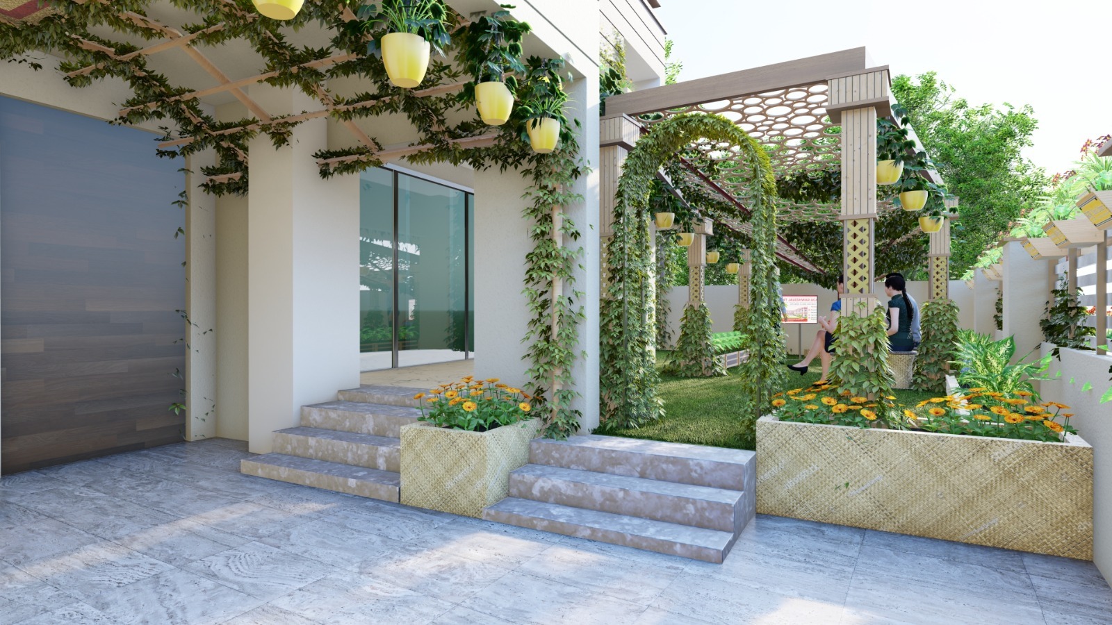 3D render of the entrance courtyard with green arch, pergola, hanging planters, and marigold beds