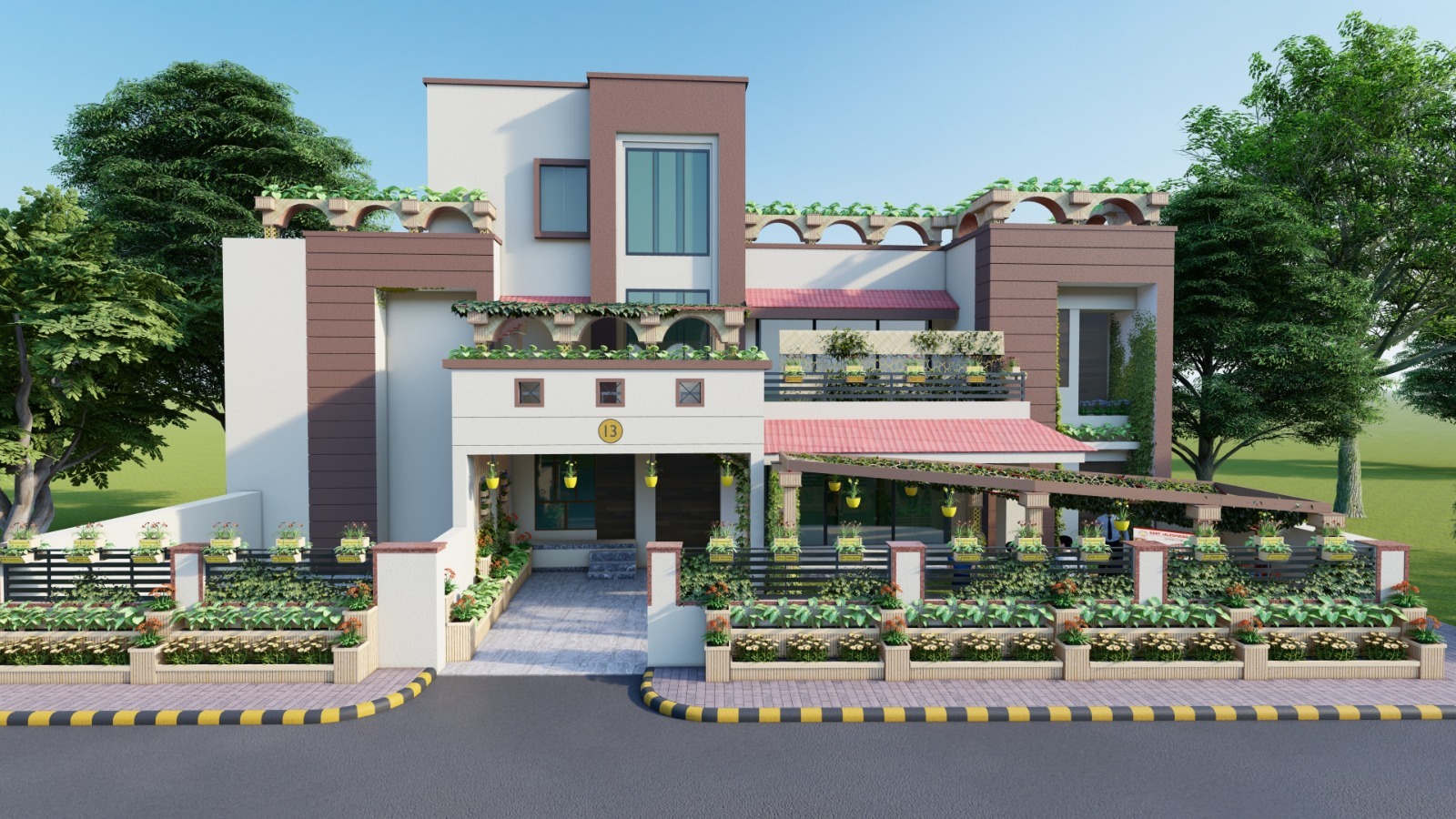 3D architectural render of the full building facade with modular gardens on every level