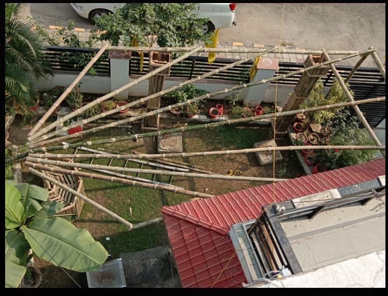 Aerial view of the bamboo canopy framework under construction, looking down from the rooftop